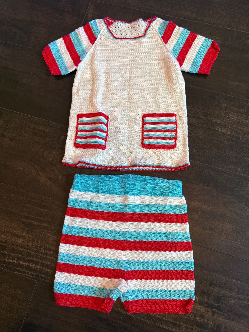 Handmade Striped Knit Two-Piece Set in White, Red & Aqua